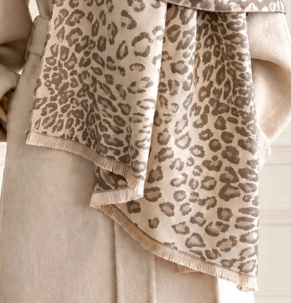 beige shawl cream grey animal print reversible polyester fabric