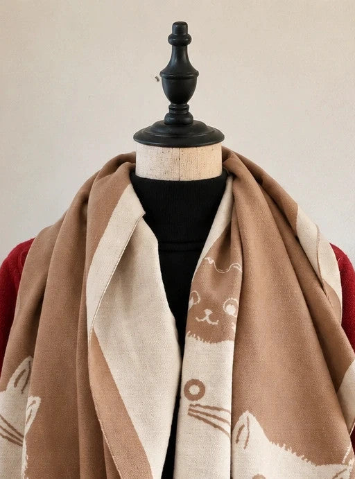 Braun reversible shawl beige and brown with cute cat motif, soft fabric.