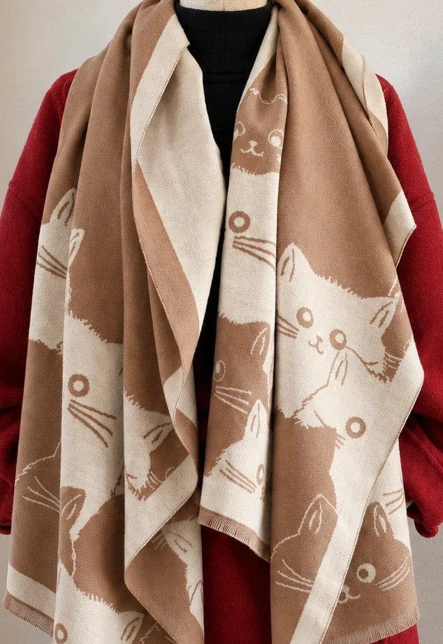 Braun reversible shawl beige and brown with cute cat motif, soft fabric.
