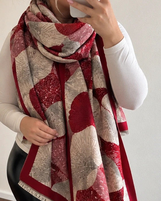 XXL shawl beige and burgundy with leaf pattern, soft 100% polyester fabric.