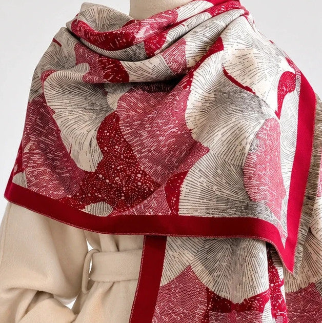 XXL shawl beige and burgundy with leaf pattern, soft 100% polyester fabric.
