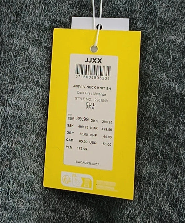 JJXX grey jumper with V-neck, soft knit texture, new with tags.
