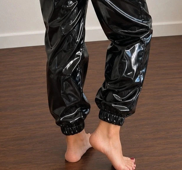 locker black joggers shiny wetlook elastic waistband and cuffs no pockets