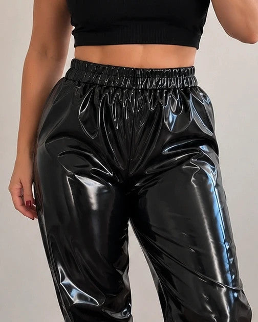 locker black joggers shiny wetlook elastic waistband and cuffs no pockets