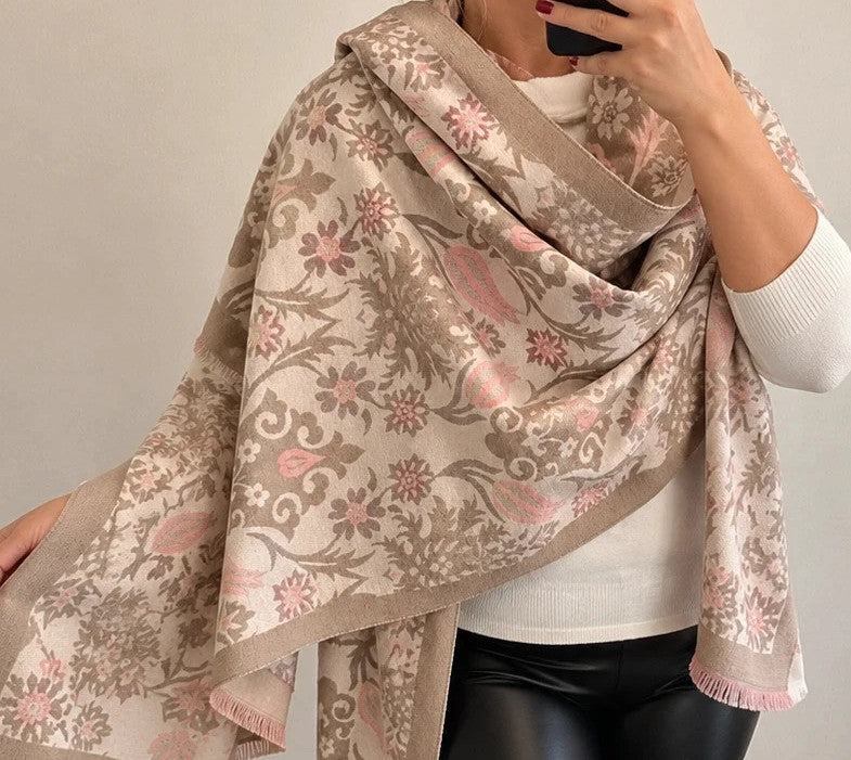 XXL beige pink shawl floral tulip pattern soft polyester with fringed edges