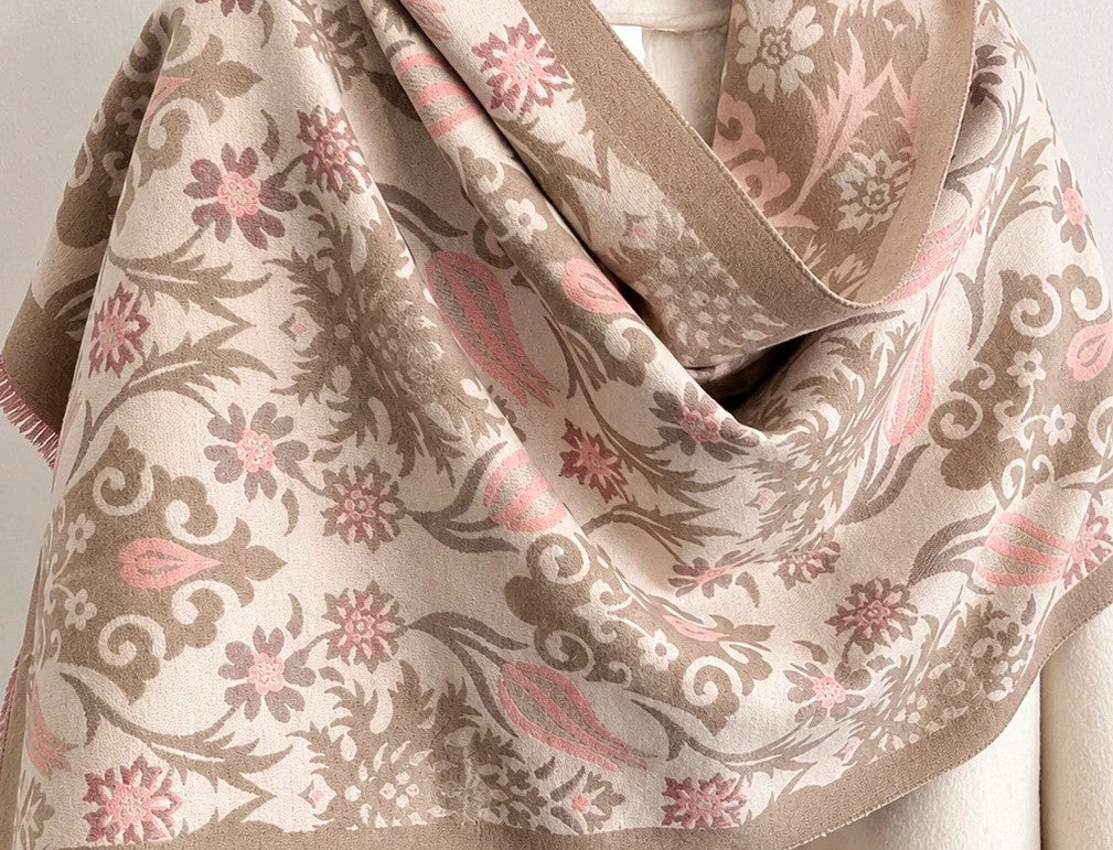 XXL beige pink shawl floral tulip pattern soft polyester with fringed edges