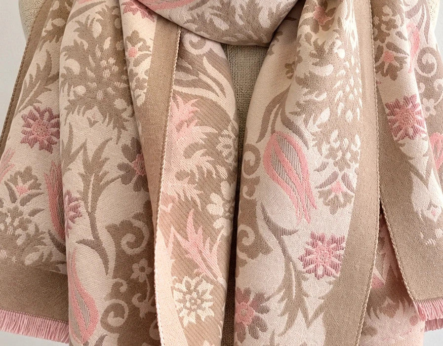 XXL beige pink shawl floral tulip pattern soft polyester with fringed edges