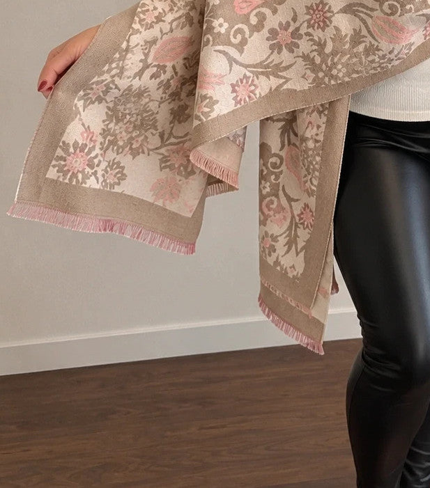 XXL beige pink shawl floral tulip pattern soft polyester with fringed edges