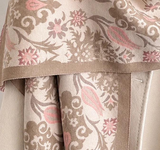 XXL beige pink shawl floral tulip pattern soft polyester with fringed edges
