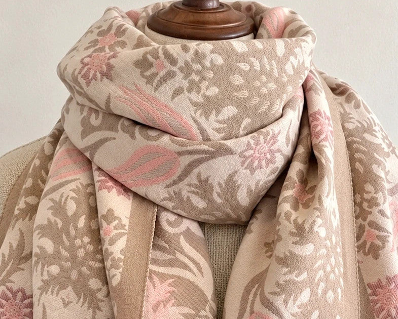 XXL beige pink shawl floral tulip pattern soft polyester with fringed edges
