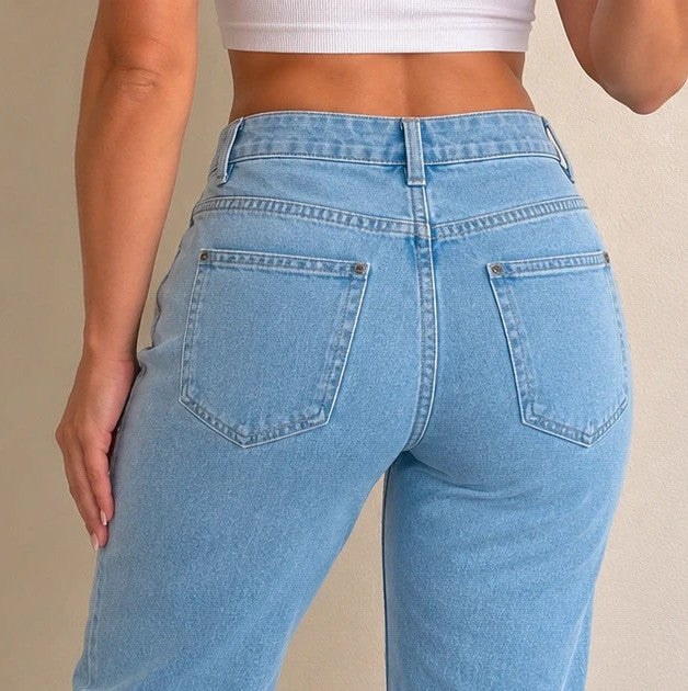 Rainbow blue straight jeans with unique overlapping waistband and two-button closure.