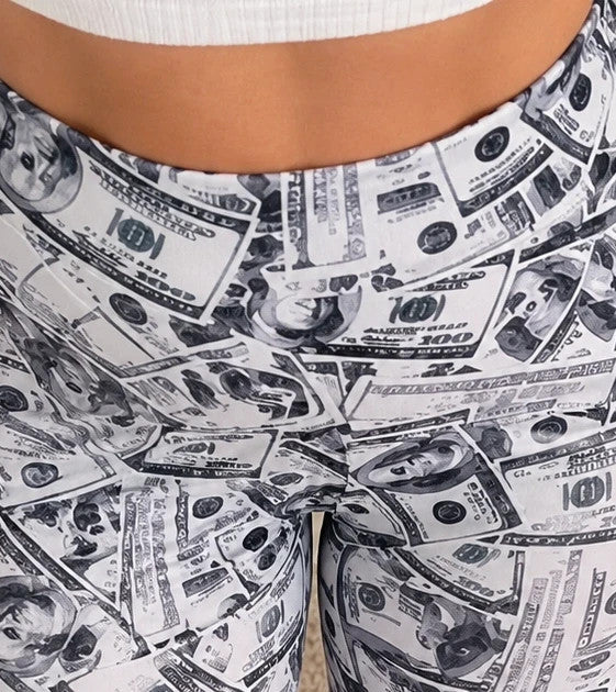 SheIn grey and white bicycle tights high-waisted with dollar bill print pattern.