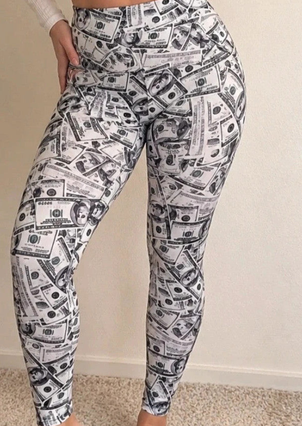 SheIn grey and white bicycle tights high-waisted with dollar bill print pattern.