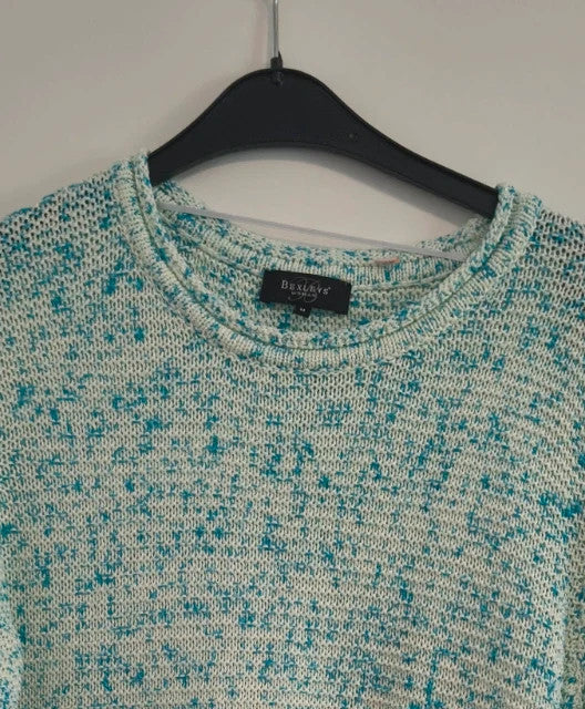 Bexleys long pullover turquoise and cream chunky knit with round neckline and relaxed fit.