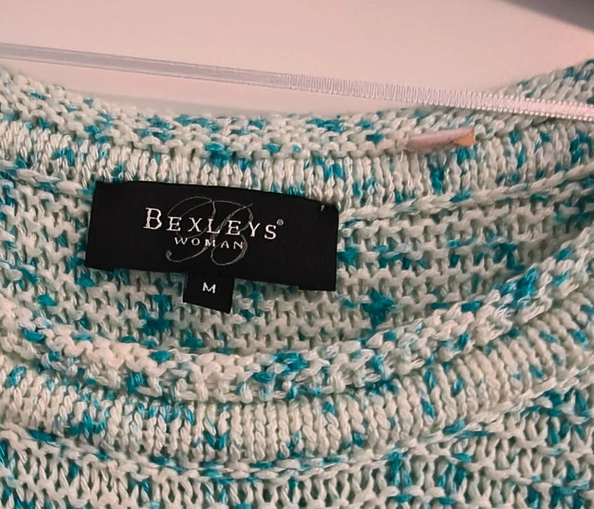 Bexleys long pullover turquoise and cream chunky knit with round neckline and relaxed fit.
