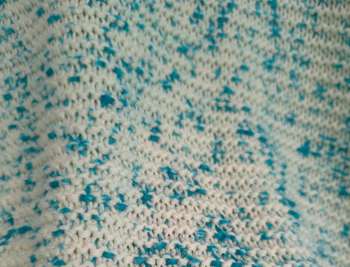 Bexleys long pullover turquoise and cream chunky knit with round neckline and relaxed fit.