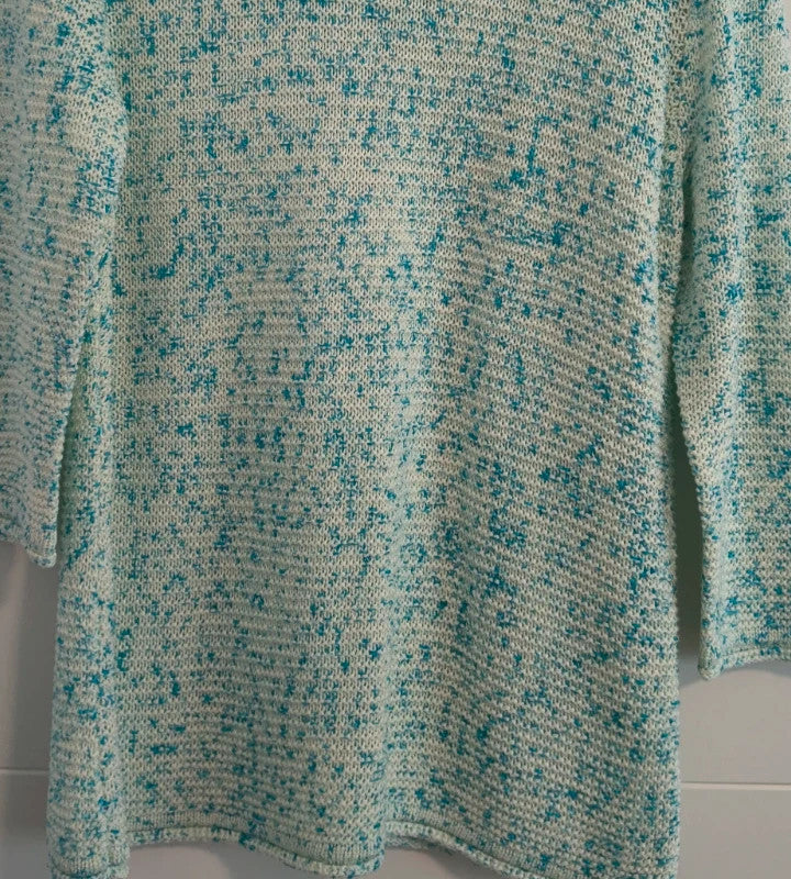 Bexleys long pullover turquoise and cream chunky knit with round neckline and relaxed fit.