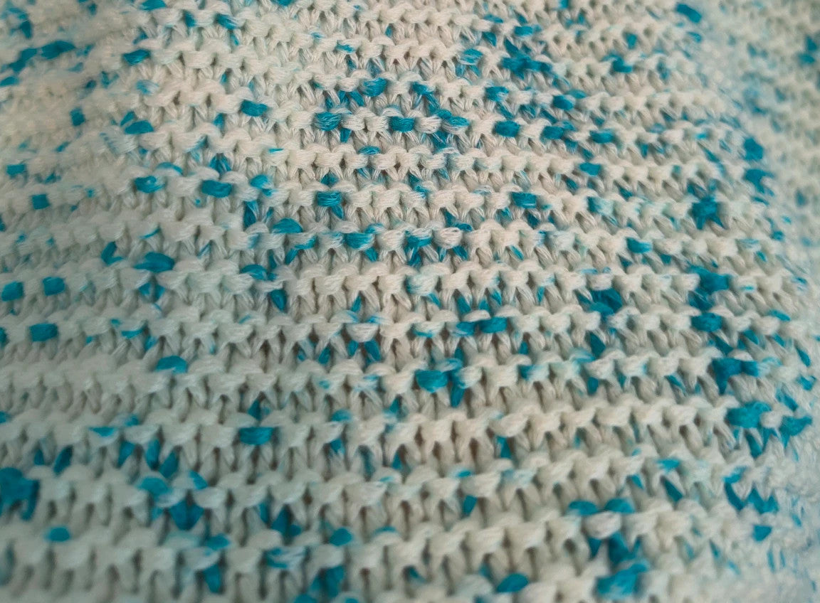 Bexleys long pullover turquoise and cream chunky knit with round neckline and relaxed fit.