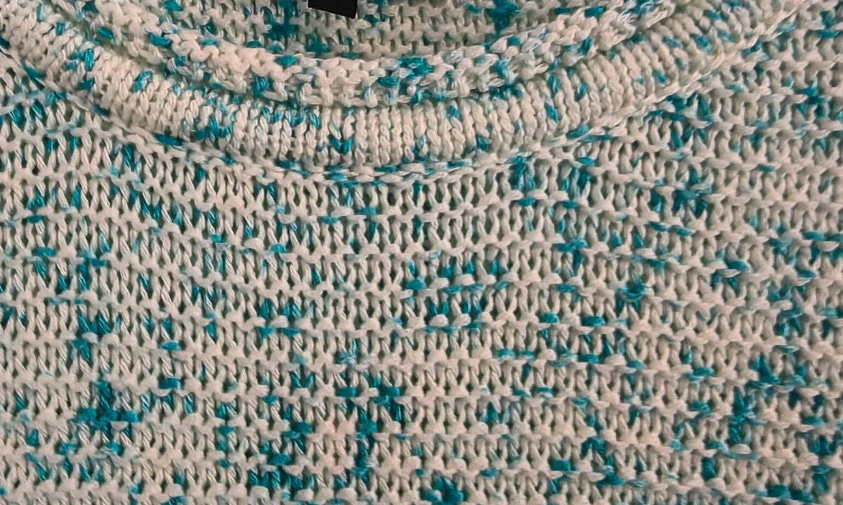 Bexleys long pullover turquoise and cream chunky knit with round neckline and relaxed fit.