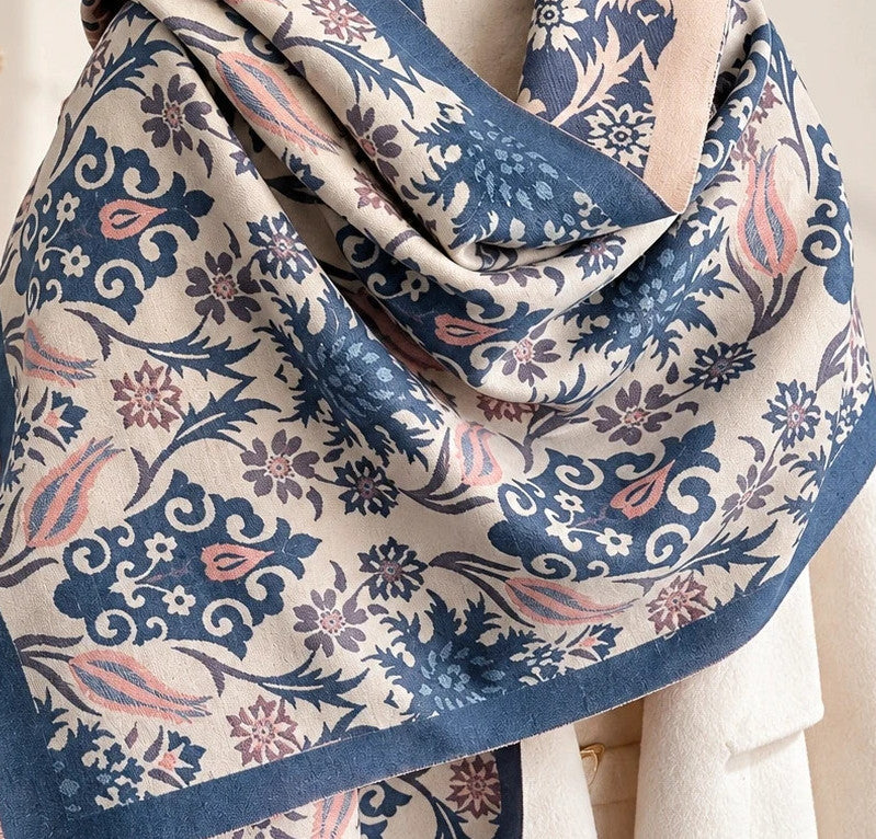 XXL shawl blue and cream reversible with floral and ornamental pattern, soft polyester material.
