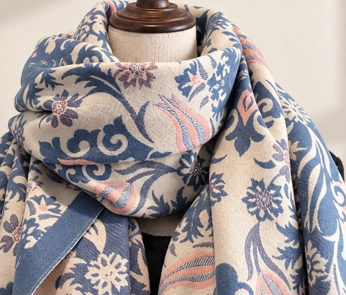 XXL shawl blue and cream reversible with floral and ornamental pattern, soft polyester material.