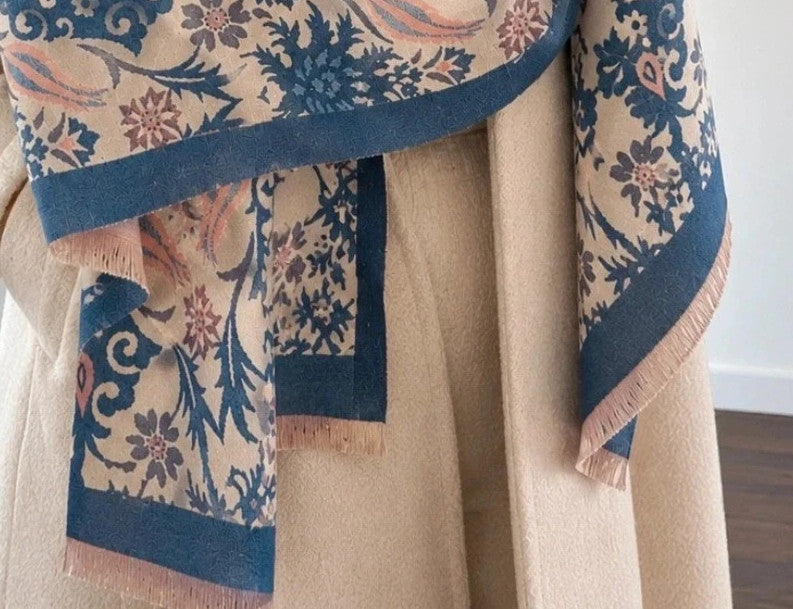 XXL shawl blue and cream reversible with floral and ornamental pattern, soft polyester material.