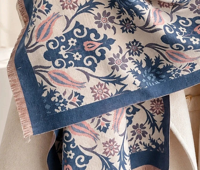 XXL shawl blue and cream reversible with floral and ornamental pattern, soft polyester material.