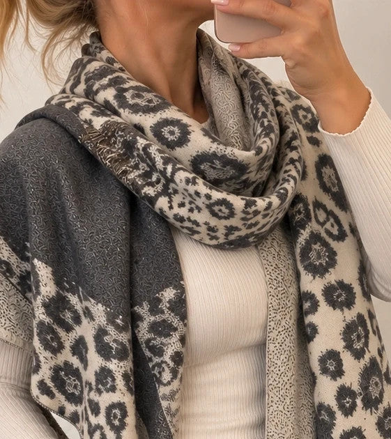 Creme shawl cream grey leopard pattern soft polyester fabric large versatile design