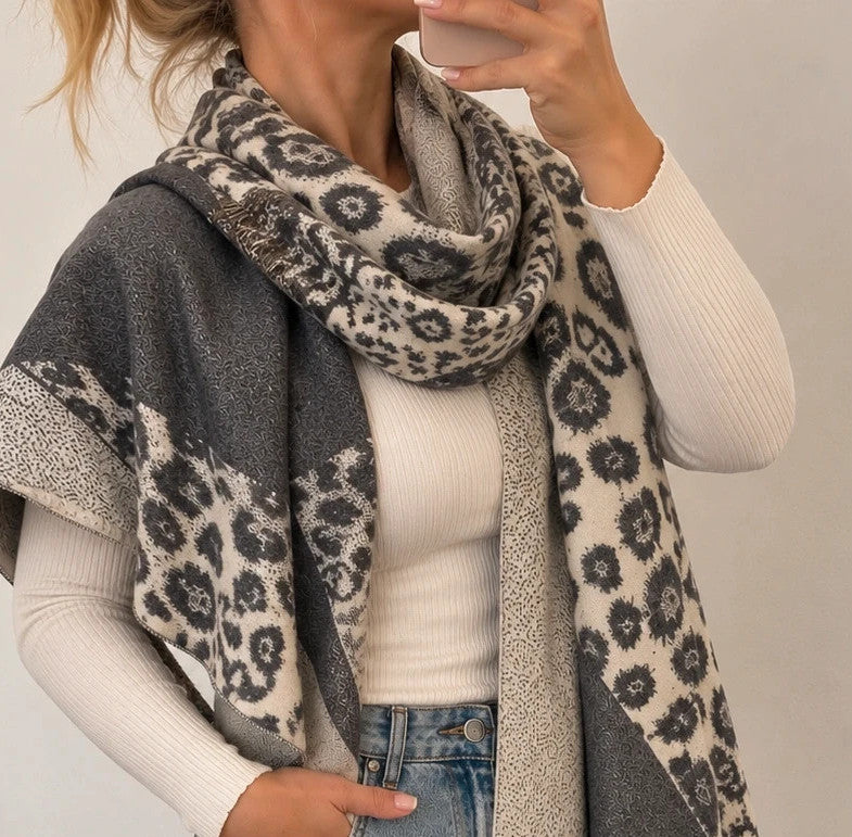 Creme shawl cream grey leopard pattern soft polyester fabric large versatile design