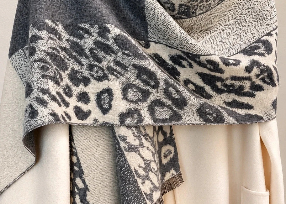 Creme shawl cream grey leopard pattern soft polyester fabric large versatile design