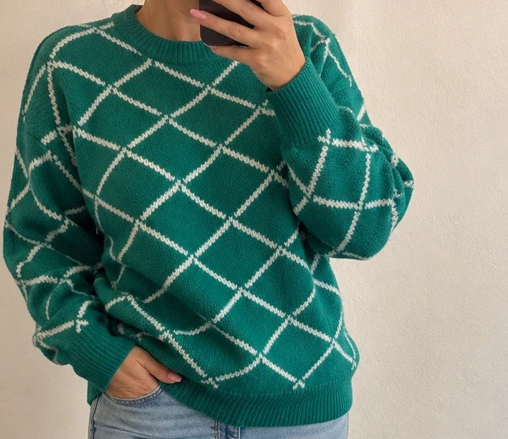 ONLY green pullover with white diamond pattern, slightly oversized, brand label attached.