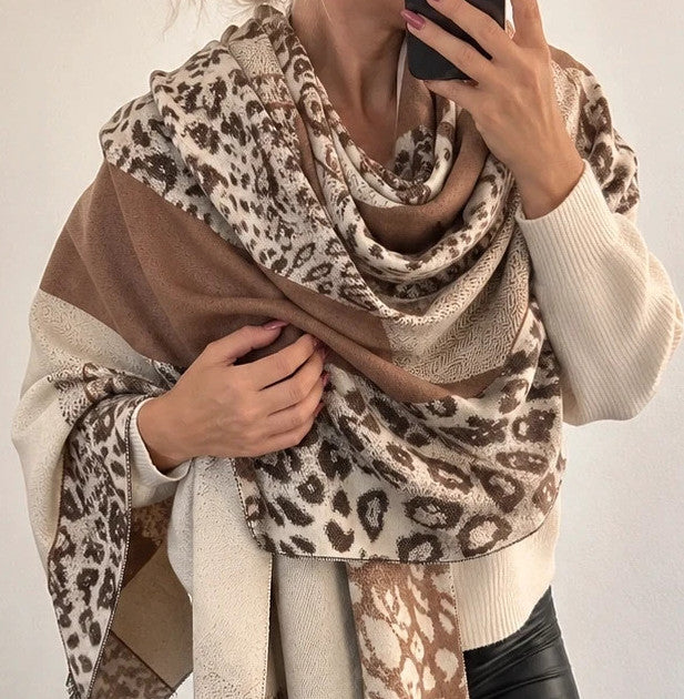 Creme beige and brown shawl reversible leopard print soft polyester fabric