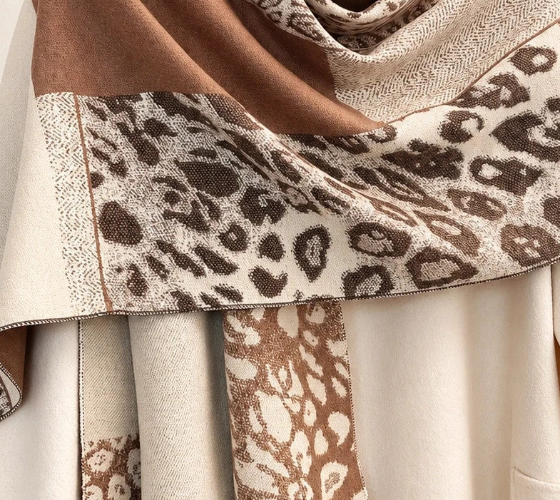 Creme beige and brown shawl reversible leopard print soft polyester fabric