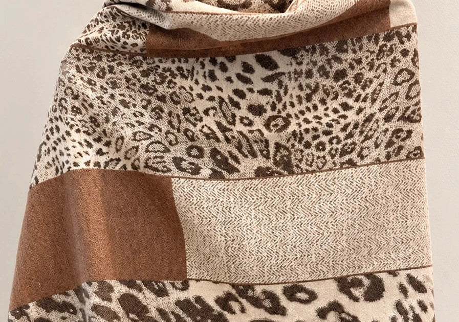 Creme beige and brown shawl reversible leopard print soft polyester fabric