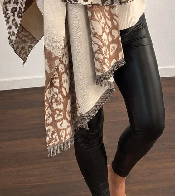 Creme beige and brown shawl reversible leopard print soft polyester fabric