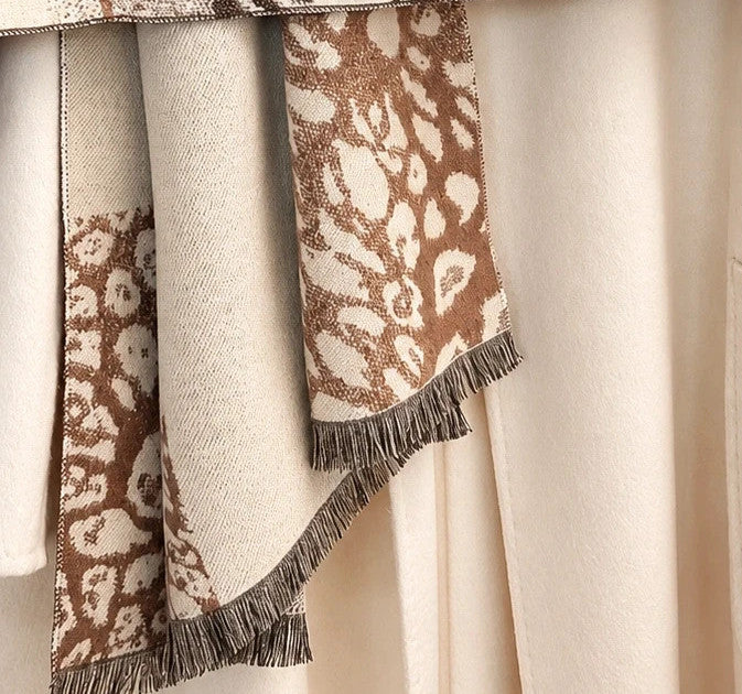 Creme beige and brown shawl reversible leopard print soft polyester fabric