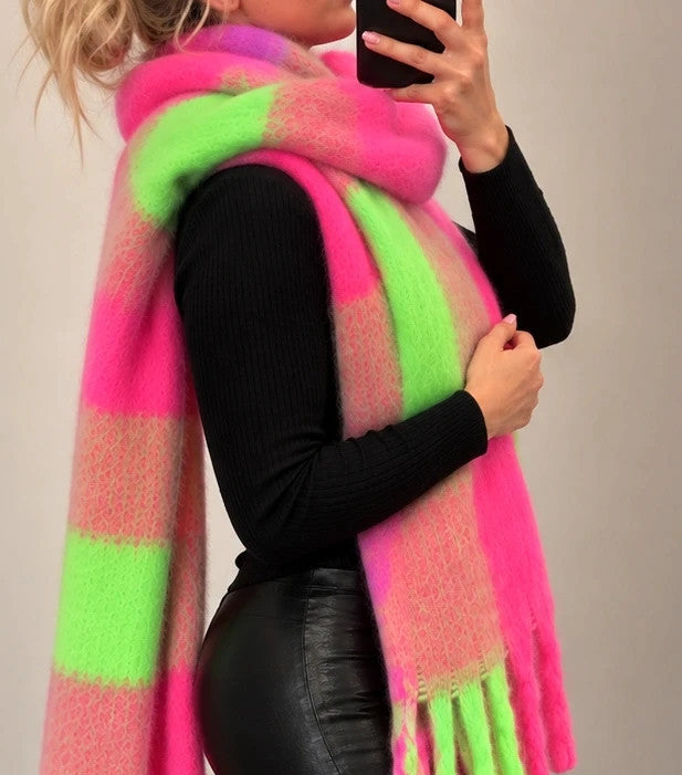 XXL oversized scarf multi-coloured large check pattern soft fringe detail
