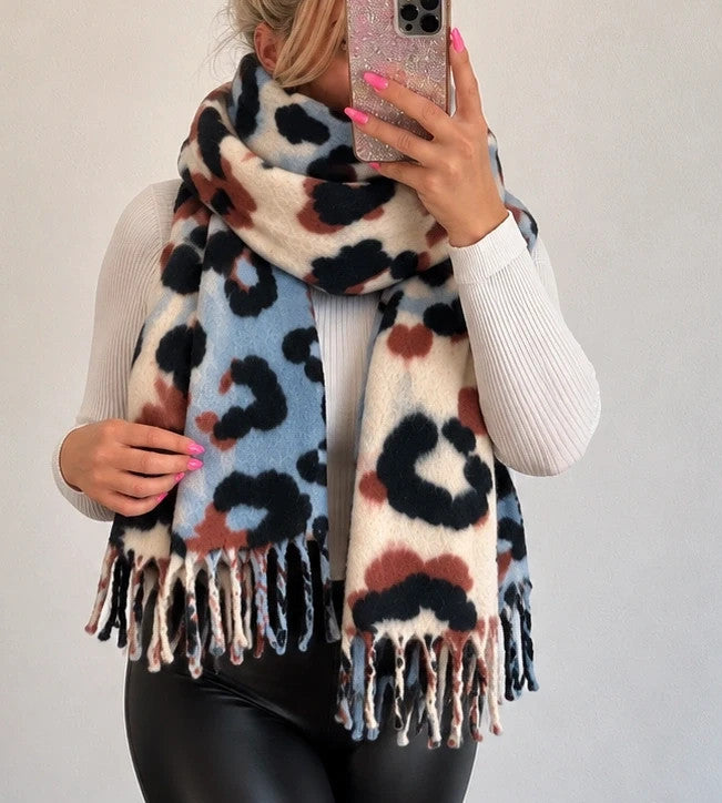 XXL multi shawl featuring plush leopard print in cream, light blue, black, and brown.