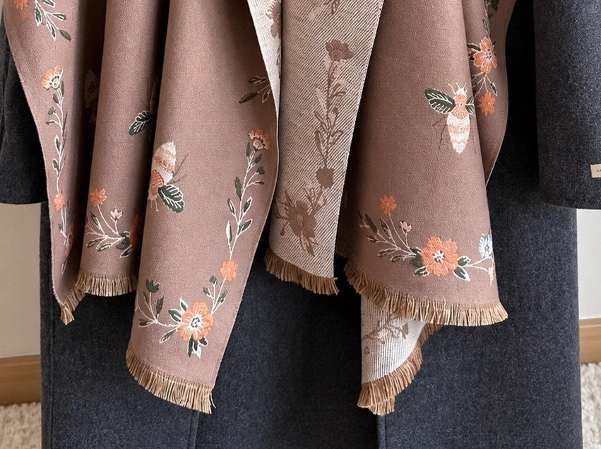 XXL beige brown shawl floral and bee pattern, reversible with decorative fringes.