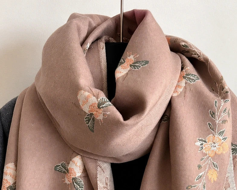 XXL beige brown shawl floral and bee pattern, reversible with decorative fringes.