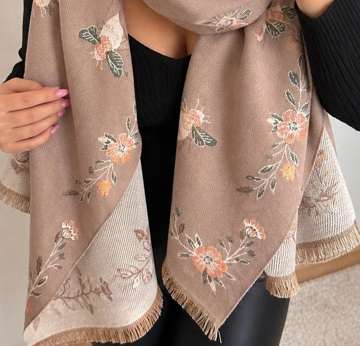 XXL beige brown shawl floral and bee pattern, reversible with decorative fringes.