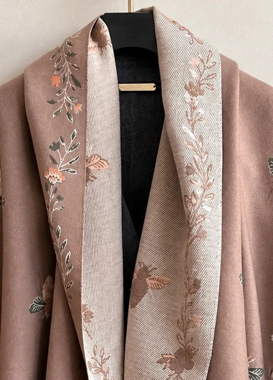 XXL beige brown shawl floral and bee pattern, reversible with decorative fringes.