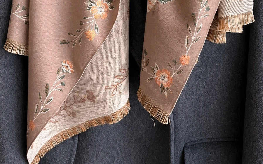 XXL beige brown shawl floral and bee pattern, reversible with decorative fringes.