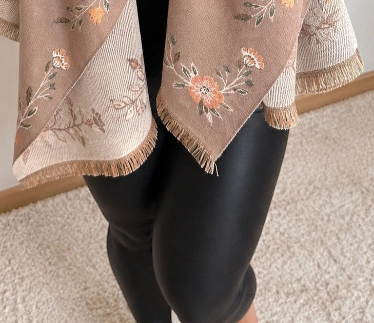 XXL beige brown shawl floral and bee pattern, reversible with decorative fringes.