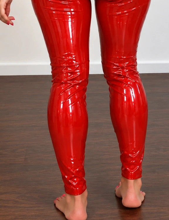 Che red jumpsuit long sleeves high collar shiny surface size M