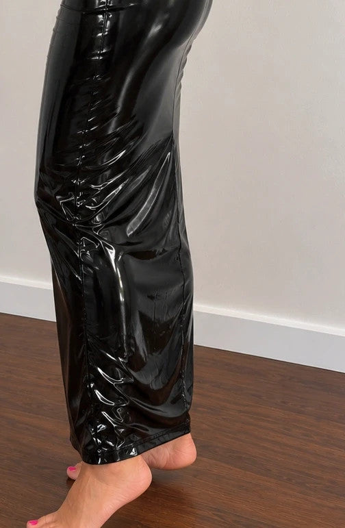 FTE black wetlook maxi dress, long sleeves, high collar, figure-hugging fit.