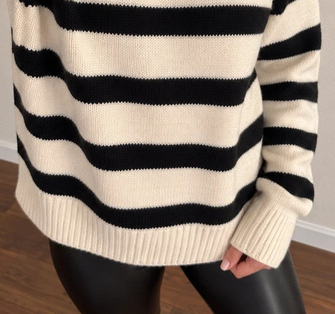 ONLY cream and black striped oversized sweater with ribbed cuffs and soft knit texture.