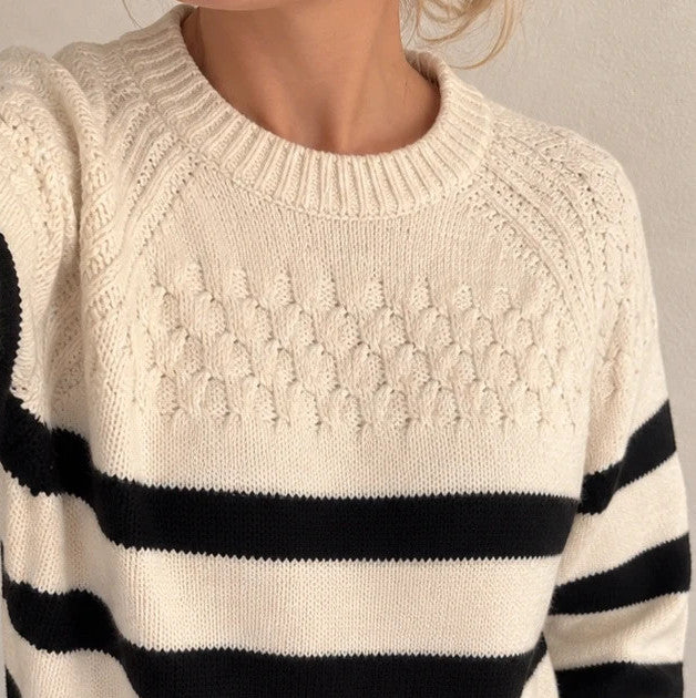 ONLY cream and black striped oversized sweater with ribbed cuffs and soft knit texture.