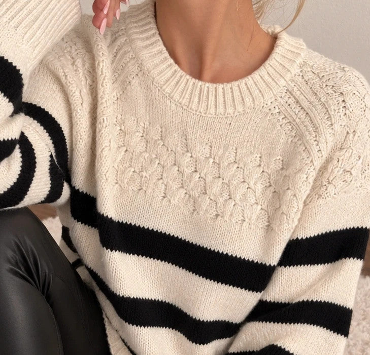 ONLY cream and black striped oversized sweater with ribbed cuffs and soft knit texture.
