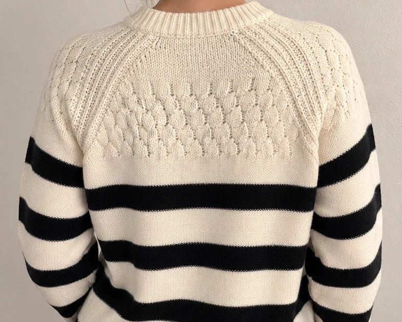 ONLY cream and black striped oversized sweater with ribbed cuffs and soft knit texture.